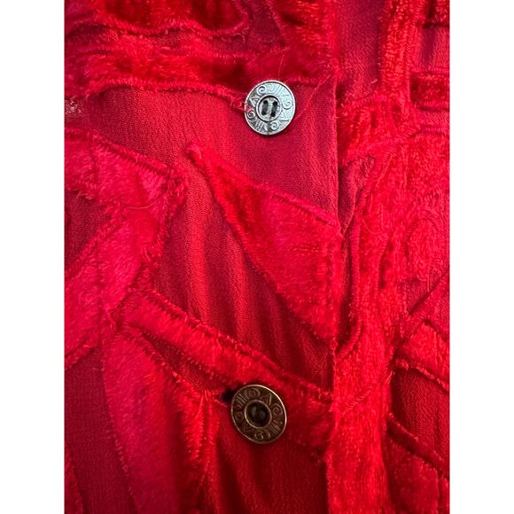 Chico's Velvet Sheer Geometric mandarin collar red blouse top button down size s - Picture 9 of 11
